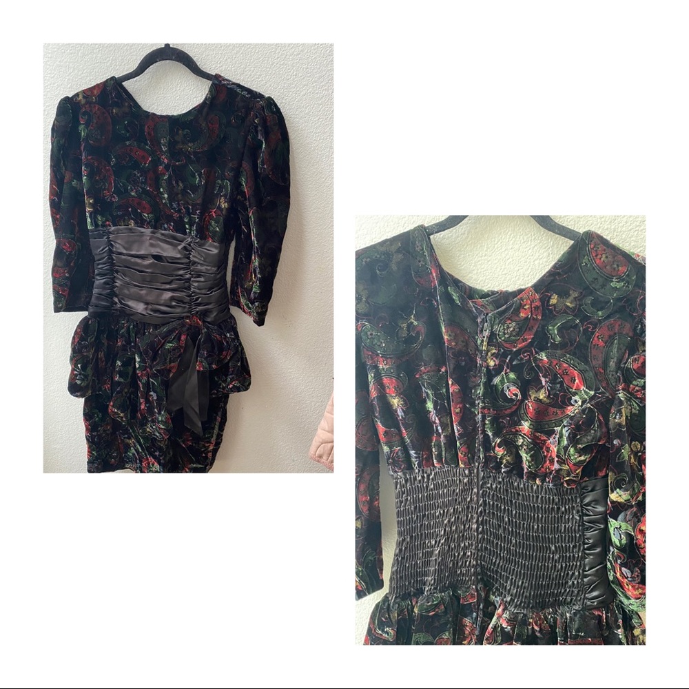 KRISTY 80's vintage black floral velvet prom dress